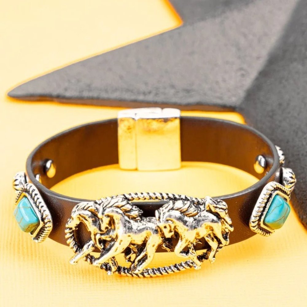 Bracelet. Silver Horses, Brown Faux Leather Band, Turquoise Stones. NWT. - Picture 13 of 13